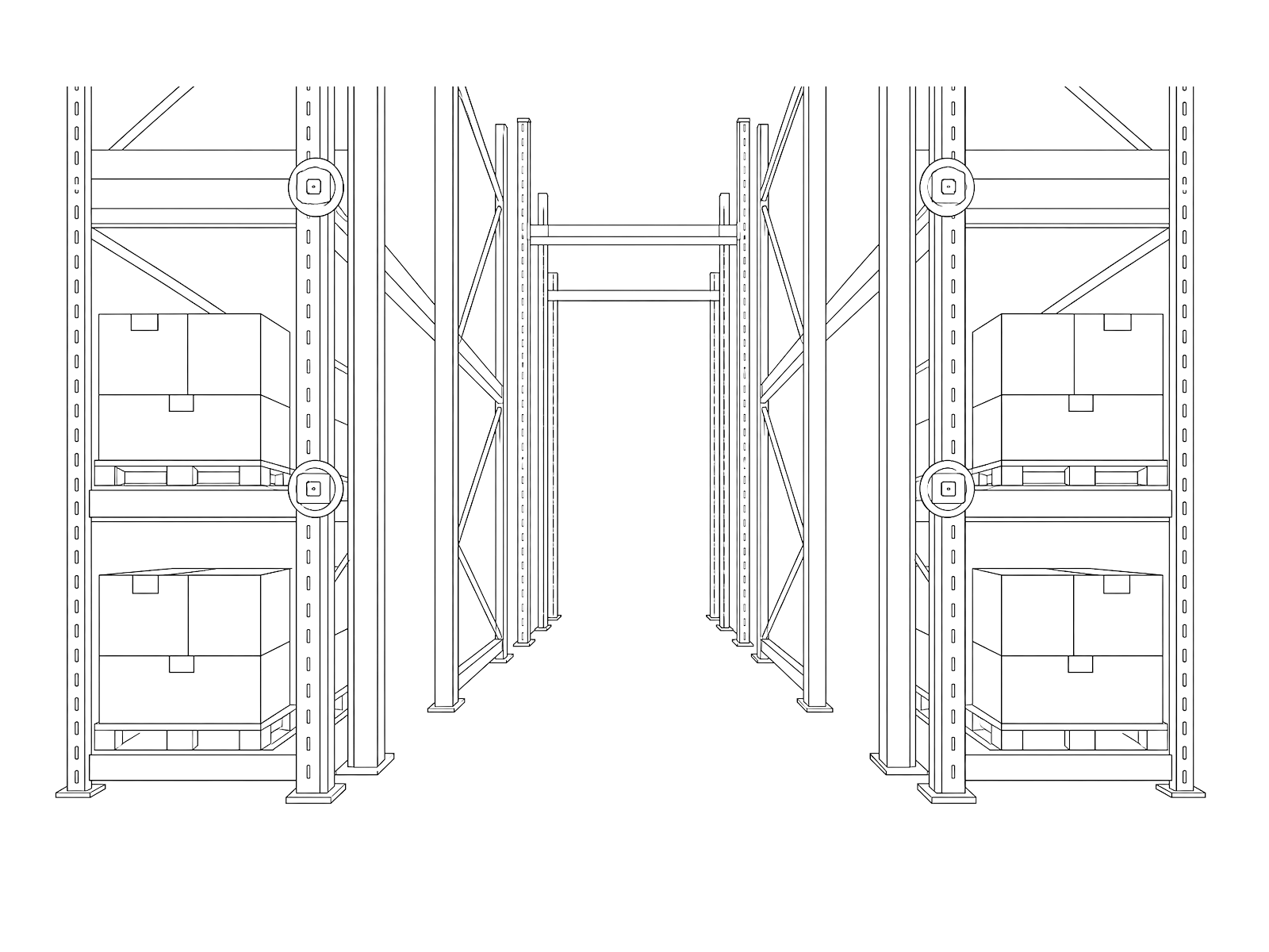 Line drawing of a warehouse rack aisle