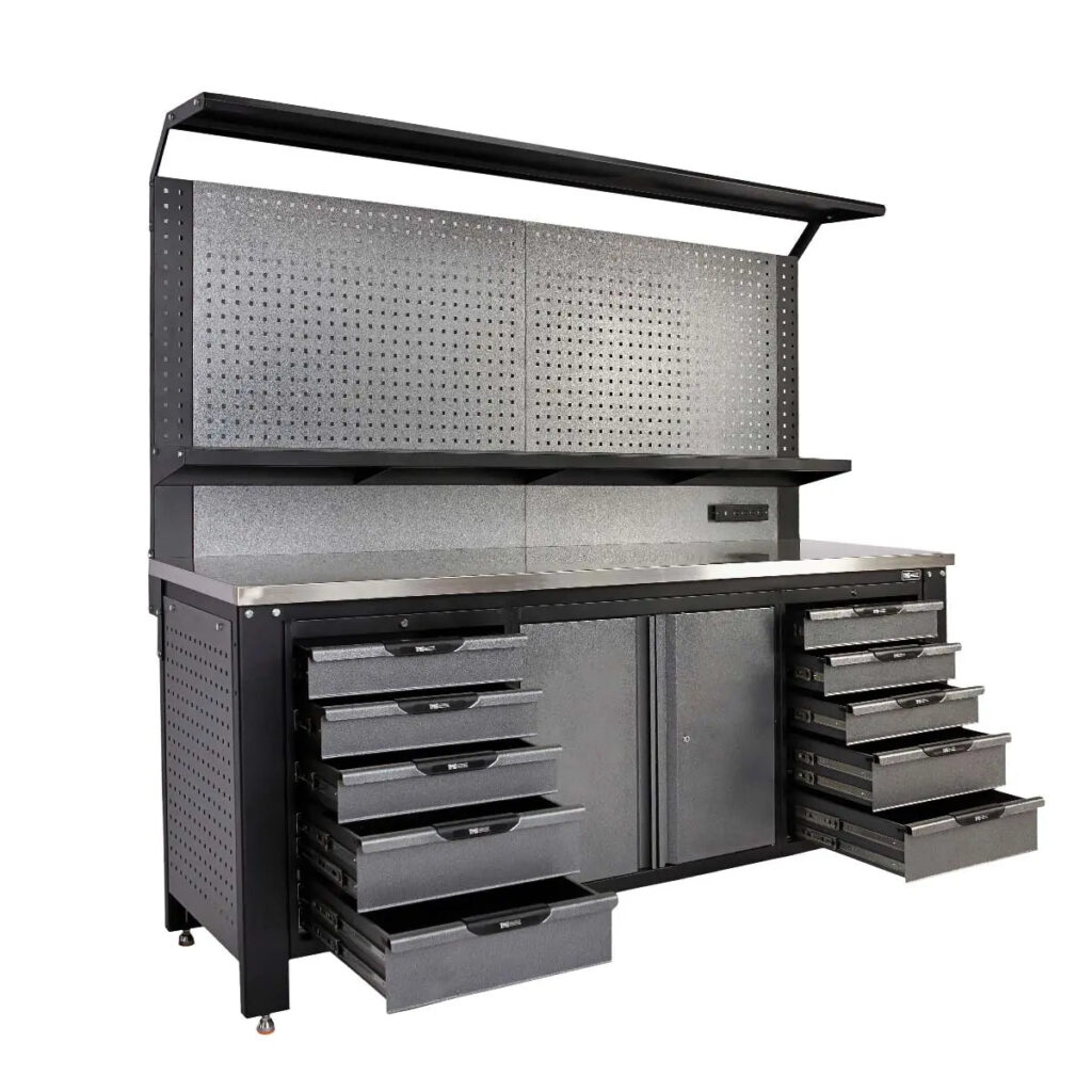 7 ft steel workbench with pegboard